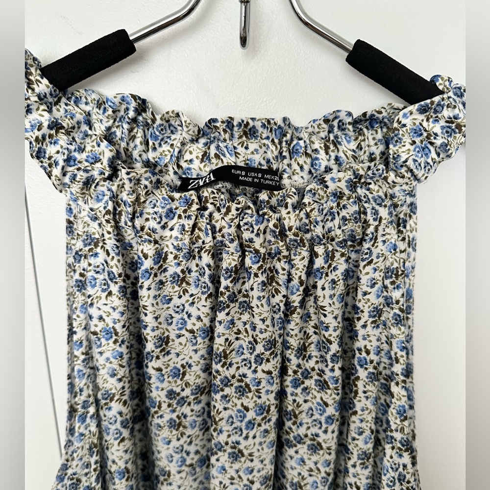 Zara Blue and White Floral Halter Satin Maxi Dress with High Low Hem Size S - Picture 4 of 8